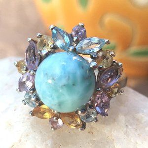Larimar Multigem .925 Cocktail Ring Natural Gems Blue Topaz, Amethyst, Citrine